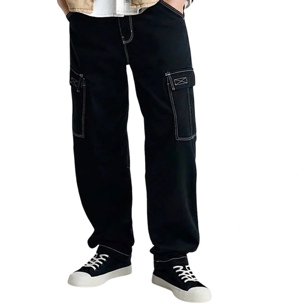 ZARA Denim Cargo Pants 34 Brown Topstitched Straight Baggy Drawstring Leg